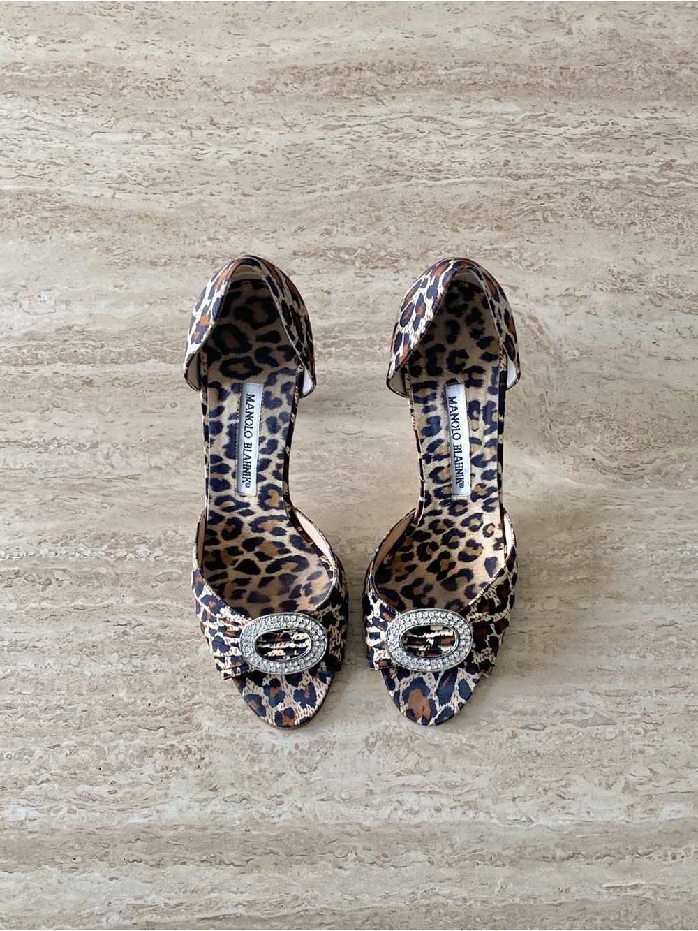 Vintage Manolo Blahnik Leopard Satin Crystal D’orsay Heels